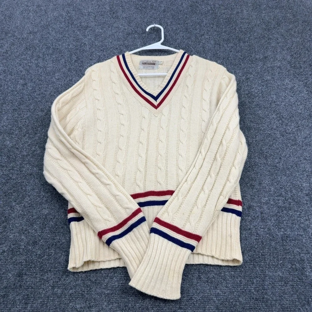 Vintage Fashion Hill Sweater Mens 38 Cream Wool Cable Knit V Neck Preppy Style